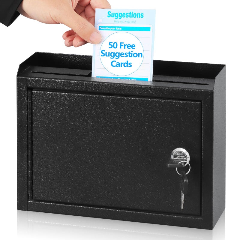 KYODOLED Suggestion Box with Lock and Slot, Small Locking Mailbox for Office, Wall Mount Safe Money/Key Drop Box with 50 Free Suggestion Cards, 9.8" W x 3" D x 7" H, Black - Image 1